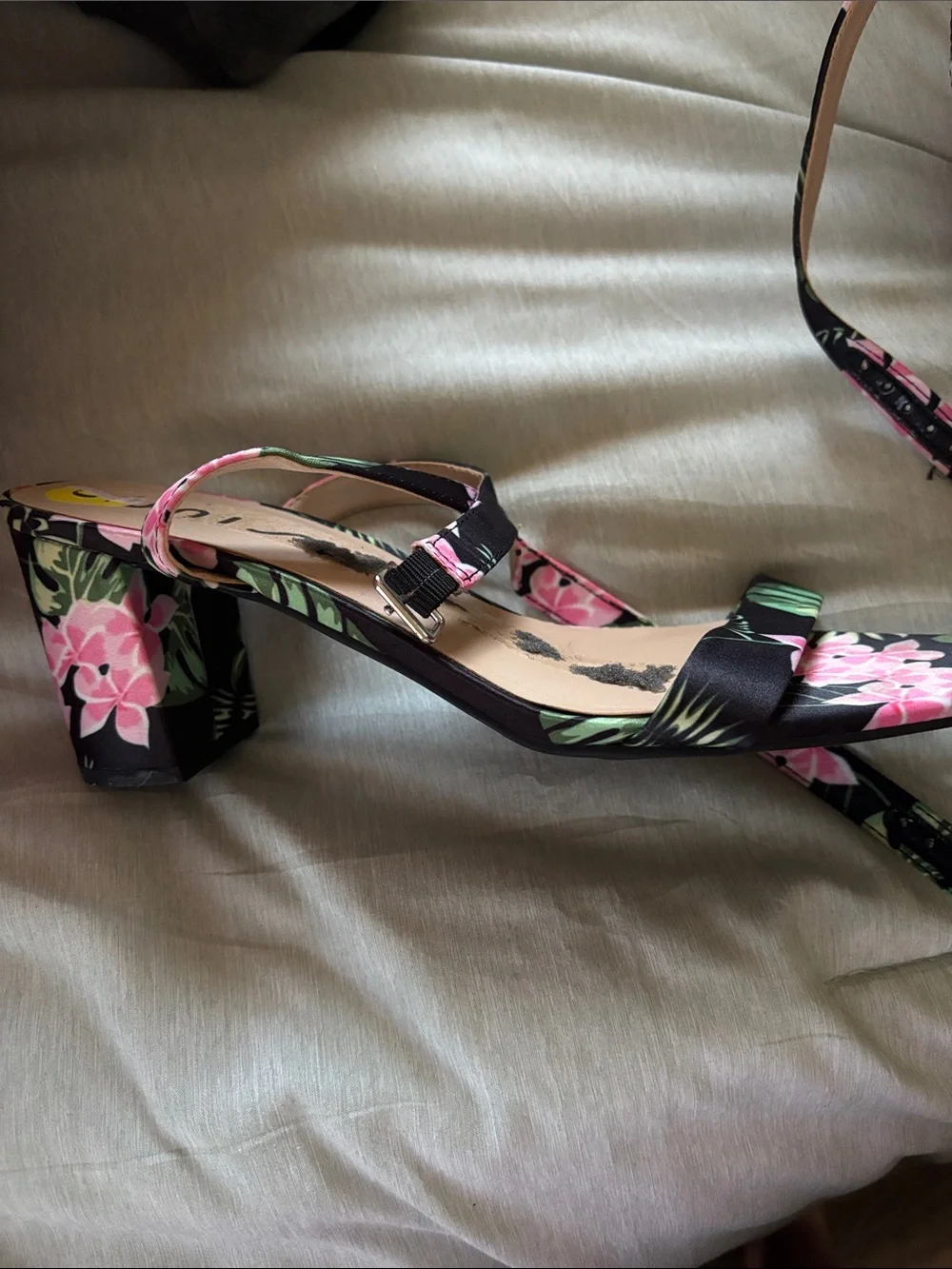 Unisa Black Floral Strappy Sandals with Pink & Green Accents